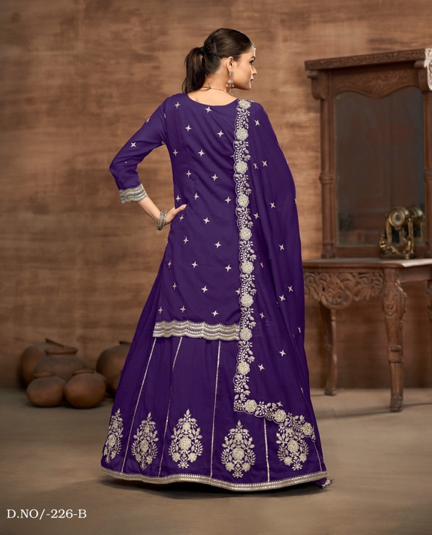 226-purple - Purple Embroidered Traditional Sharara Style Suit.